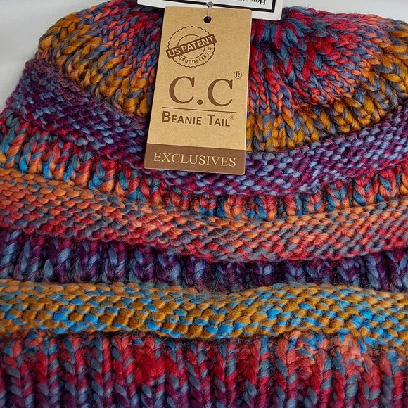 'C.C BEANIE' MESSY BUN BEANIE TAIL' VARIEGATED STRIPE - Picture 5 of 16